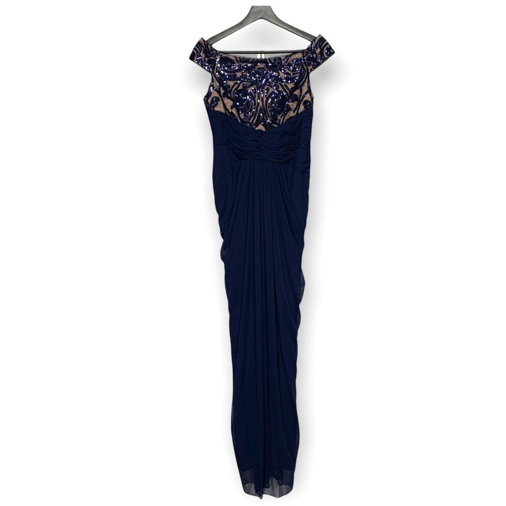 Adrianna Papell Navy Blue Off Shoulder Sequin Chiffon Dress Size 4